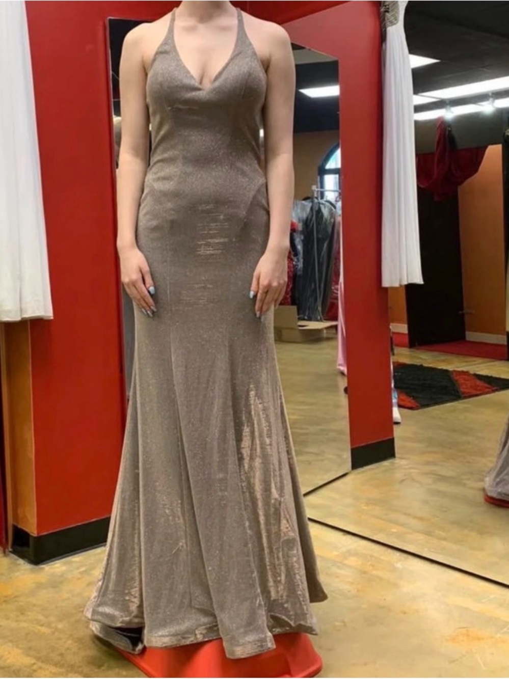 Blush Sparkling Halter Prom Gown in Champagne Taupe